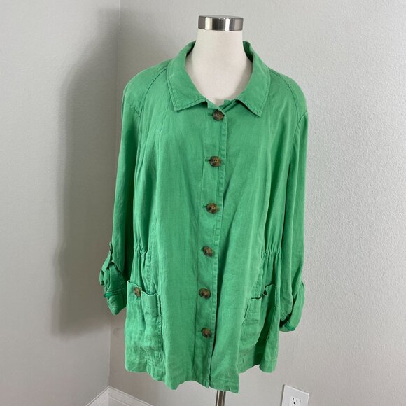 Coldwater Creek Womens Plus 24 Green 100% Linen Button Up Jacket Roll Tab Sleeve - Picture 1 of 10